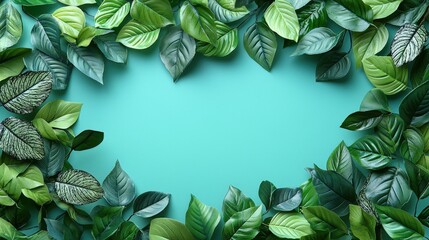 Fototapeta premium A vibrant frame of green leaves surrounds a tranquil teal background, creating a natural and refreshing aesthetic.