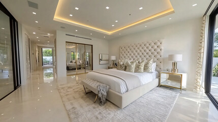 A stylish and contemporary bedroom featuring a plush white upholstered bed with a tufted headboard, luxurious and warm for your loved ones.