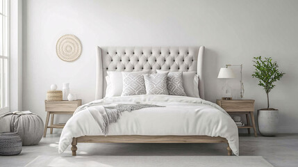 A stylish and contemporary bedroom featuring a plush white upholstered bed with a tufted headboard, luxurious and warm for your loved ones.