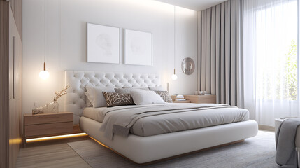 Fototapeta premium A stylish and contemporary bedroom featuring a plush white upholstered bed with a tufted headboard, luxurious and warm for your loved ones.