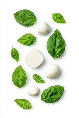 Obraz premium Fresh Basil Leaves and Soft Cheese Delicacies Arranged on a White Background for Culinary Presentation, Food Photography, and Gourmet Cooking