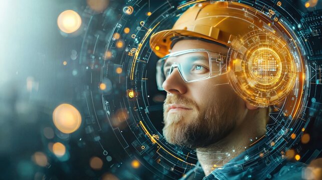A focused engineer wearing safety gear, surrounded by digital technology graphics, symbolizing innovation and the future of engineering.