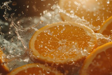 slide Orange Citrus Fruit splash. Fresh orange slices splash in water, highlighting vibrant colors...