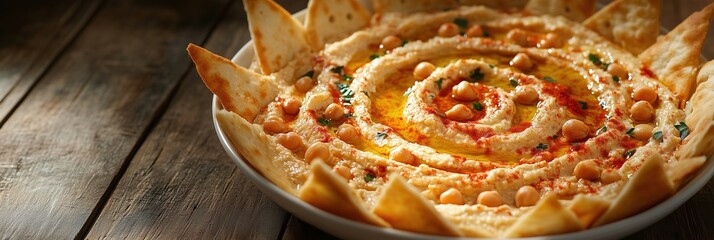 Creamy Hummus with Olive Oil Swirl, Chickpeas, Paprika, and Pita Triangles in Overhead View