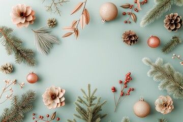 Beauriful Christmas frame made of Christmas decoration, gifts and fir branches on blue pastel background. Flat lay, top view.
