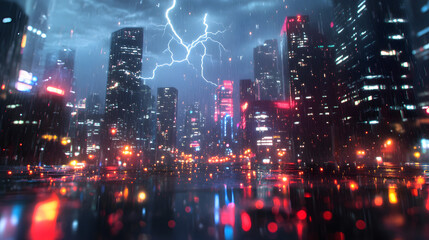 Fototapeta premium cityscape city downtown storm heavy rainfall thunderstorm lightning rain traffic road lights cars street rainy natural disaster rainstorm flooding destruction damage nature environment adverse weather