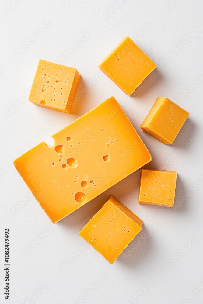 Poster aerial view of freshly cut orange cheese blocks displayed on a plain background emphasizing texture,