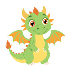 Obraz premium A green dragon with orange wings and a yellow belly. It has a smile on its face. The dragon is standing on its hind legs