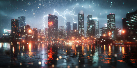 Obraz premium cityscape city downtown storm heavy rainfall thunderstorm lightning rain traffic road lights cars street rainy natural disaster rainstorm flooding destruction damage nature environment adverse weather