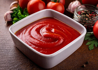 Sos pomidorowy z miseczce, w tle pomidory, czosnek i inne przyprawy