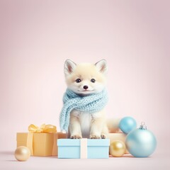 A cute little white arctic fox in warm winter clothes standing and looking out of gift boxes. Pastel colors. Abstract Christmas concept.
