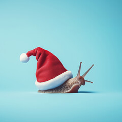 A cute little snail with a santa's hat  on blue pastel background. Abstract minimal Christmas concept.