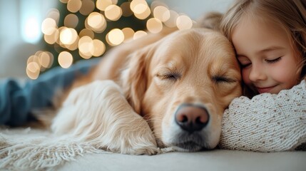 A heartwarming moment of a child cuddling with a golden retriever, showcasing love and companionship during the holiday season.