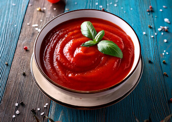 Sos pomidorowy z miseczce na deskach