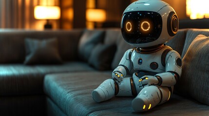 An android sitting quietly on a sleek futuristic couch in a dimly lit modern living room
