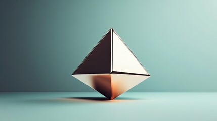 A Shiny Metallic Pyramid Resting on a Teal Surface