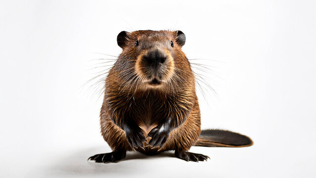 Standing vertical beaver on white background.