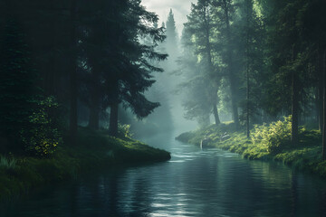 Fototapeta premium Golden rays break through mist, illuminating the calm water and lush greenery in the forest