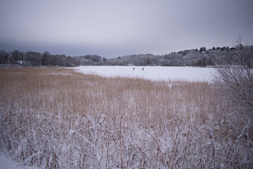 Snow covered lake turned into running trail Norway