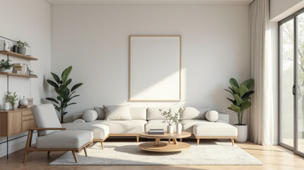 Fototapeta premium Modern Minimalist Living Room with Blank Art Mockup - Stylish Home Interior Decor Inspiration