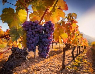 a luscious bunch of grapes hangs amidst colorful vine foliage representing the vineyard s fruitfulness and the promise of an abundant harvest season ahead in la rioja spain