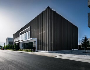 Fototapeta premium a sleek modern building facade featuring vertical black and white panels with a foreground view of an empty street representing urban architecture style