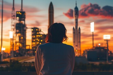 Wanderlust Contemplation Against Iconic Space Center Houston Skyline at Sunset