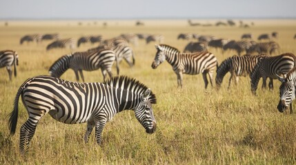 Fototapeta premium A herd of zebras graze in a vast African savanna, their black and white stripes blending seamlessly with the tall grasses.