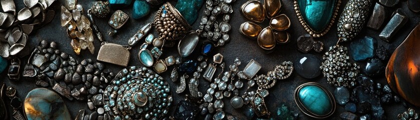 A collection of intricate jewelry pieces displayed on a dark surface.