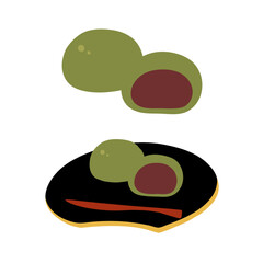 抹茶あんのまんじゅうの手描きカラーイラストセット