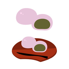 抹茶あんの桜まんじゅうの手描きカラーイラストセット