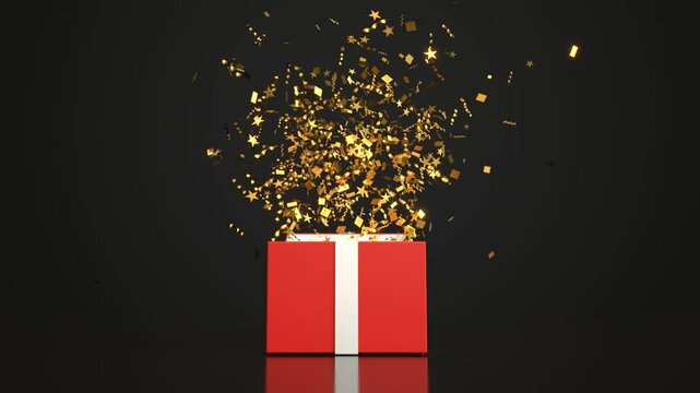 The gift box opens and colored confetti floats up, 3D video animation of an opening box