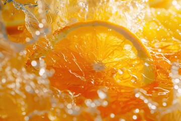 slide Orange Citrus Fruit splash. A close-up of vibrant orange slices splashing in refreshing...