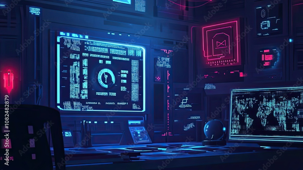 Aufkleber futuristic hacker workstation with neon lights and data displays