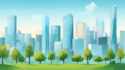 Fototapeta premium A panoramic view of a modern city skyline with green trees in the foreground.