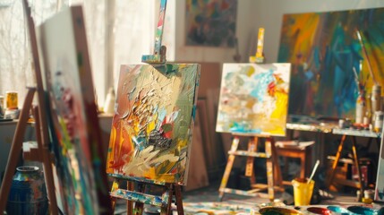 A vibrant painting studio with easels and colorful paint palettes, Artists painting abstract artworks on large canvases, Contemporary artistic style