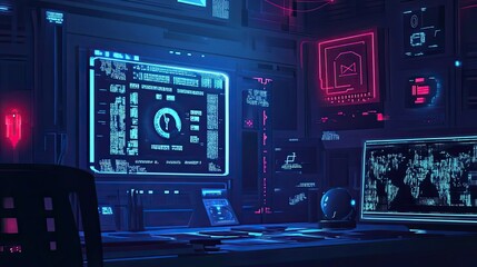 Fototapeta premium Futuristic Hacker Workstation with Neon Lights and Data Displays