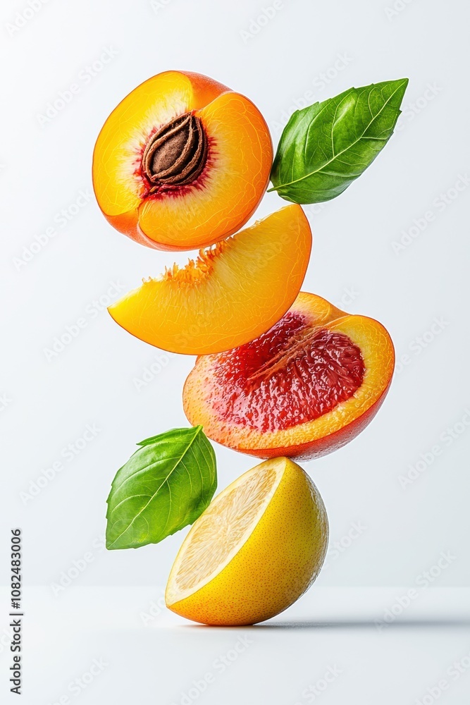 Poster vibrant peach and lemon slices with fresh green leaves floating in the air, creating a dynamic and e