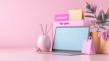 Keyword online relevance, A stylish workspace featuring a laptop, decorative plant, and pastel-colored accessories against a soft pink background.