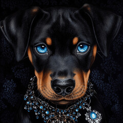 portrait of a Doberman with a necklace