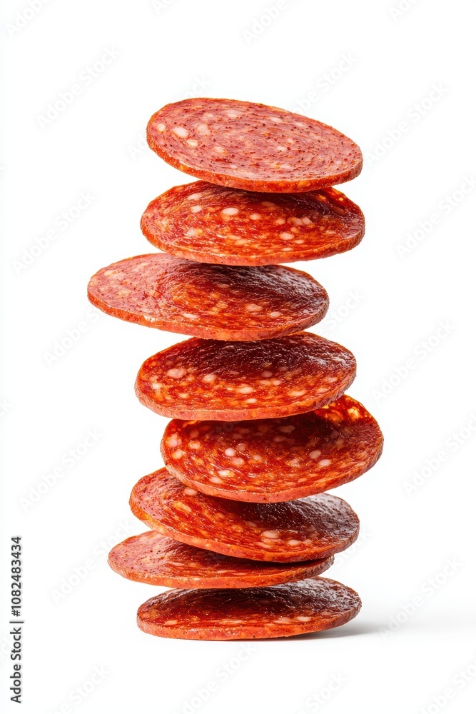 Poster stacked slices of salami with distinct texture and color on a white background perfect for food phot