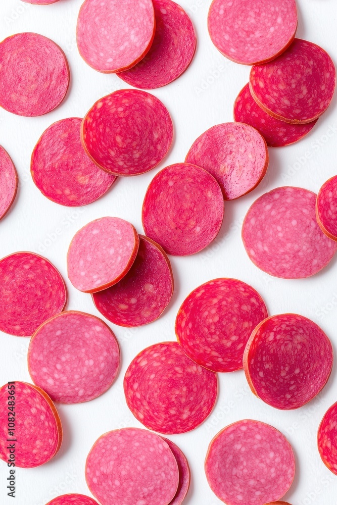 Aufkleber vibrant array of sliced processed meat circles on a white background showcasing varying shades of pi
