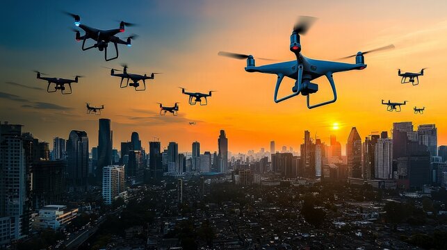 A swarm of drones flying over a cityscape at sunset.