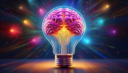 an imaginative light bulb with a brain inside symbolizing innovative thinking ideas and creativity the scene is vibrant with glowing lights and colors