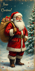 Vintage Painted Christmas Post Card with Happy Traditional Santa Claus Holding Bag of Gifts, XMAS Greeting


