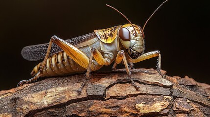 A closeup of a cricket on bark.