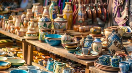 A vibrant pottery market stall with pottery tools and displayed ceramic artworks, Artisans showcasing their pottery creations, Artisan market style