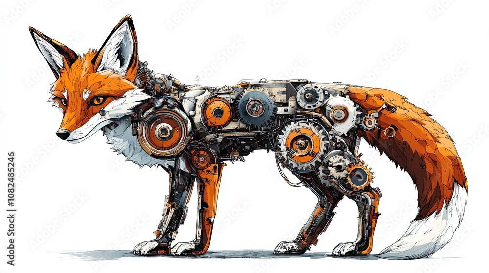 Poster a mechanized fox with intricate gears and cogs