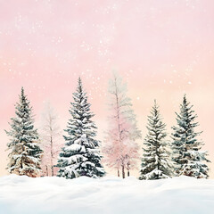 Fototapeta premium Serene Winter Landscape with Snow-Covered Trees Against a Pastel Pink Sky with Falling Snowflakes, Perfect for Seasonal and Holiday Themes