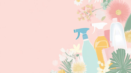 Bottles with spray and flowers on white background for cleaning concept